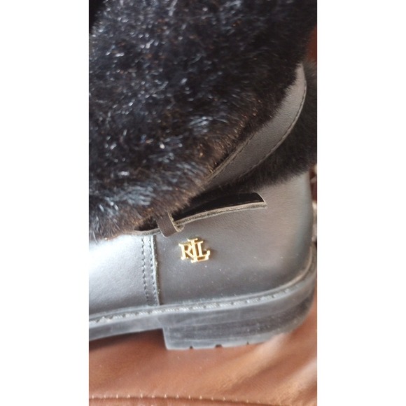 Lauren Ralph Lauren Leather Black Fur Logo Boots Booties 9.5 EUC Gold Hardware - Picture 5 of 8